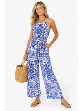 Blue Island White & Cobalt Boho Beach Jumpsuit Wide Leg Tie Waist Resort